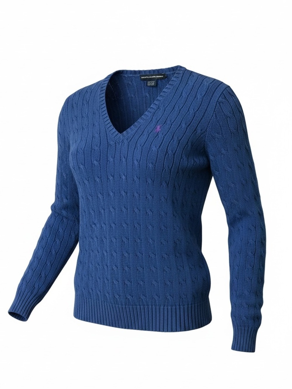 Ralph Lauren Sport Women's Cable Knit Cotton V-neck Sweater Size Large In Blue